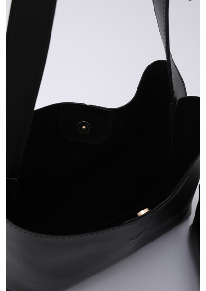 Siyah SHK179 Suni Deri, Tek Bölmeli, Çıtçıtlı, Makyaj Çantalı El, Kol ve Omuz Çantası