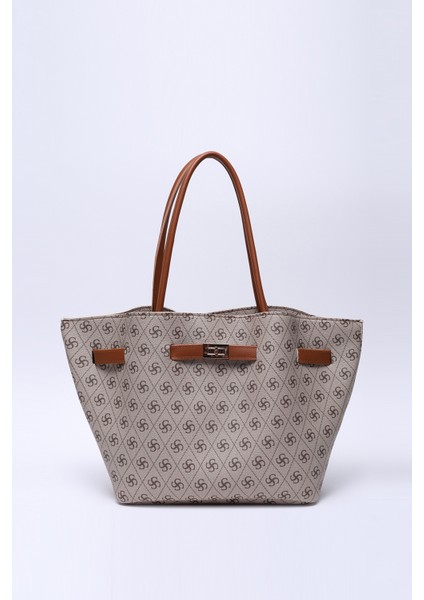Monogram Baskılı Vizon SHK159 Suni Deri, Astarlı, Çıtçıtlı, Kilit Detaylı El, Kol ve omuz çantası