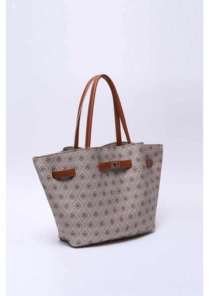 Monogram Baskılı Vizon SHK159 Suni Deri, Astarlı, Çıtçıtlı, Kilit Detaylı El, Kol ve omuz çantası fiyatları