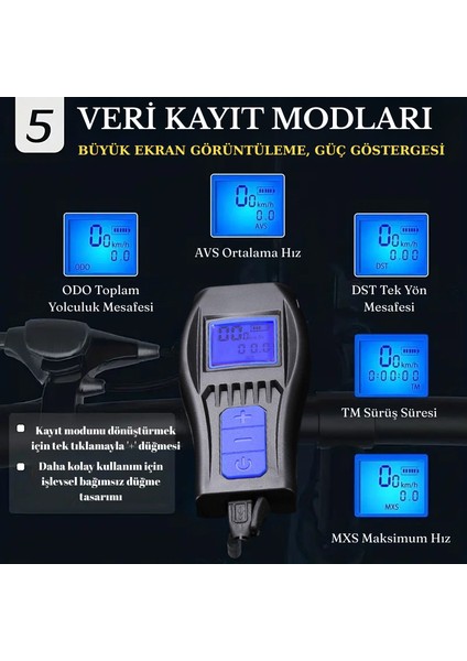 LCD Hız Göstergeli Bisiklet Kornası Su Geçirmez Şarjlı Bisiklet Feneri