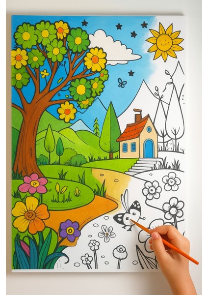 25 x 35 cm Resimli Tuval Çocuk Boyama Seti Ev ve Bahçe Renk Akrilik Boya ve 2 Fırça Adet Fırça fiyatları