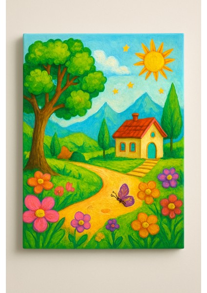 25 x 35 cm Resimli Tuval Çocuk Boyama Seti Ev ve Bahçe Renk Akrilik Boya ve 2 Fırça Adet Fırça modelleri