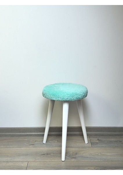 Cozy Peluş Puf Dekoratif Ahşap 3 Beyaz Ayaklı Tabure Şık Konforlu Yumuşacık Modern ve Rahat Oturak