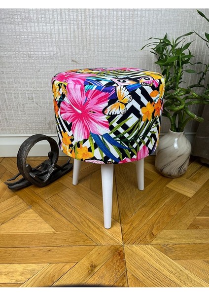 Pembe Çiçekli Puf Oturak Bench Tabure Koltuk