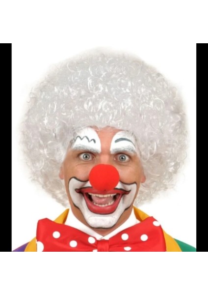 Beyaz Kıvırcık Afro Peruk ve Kırmızı Sünger Burun Seti