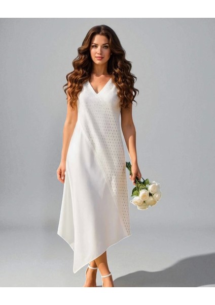 White Asimetrik Lazer Kesim Elbise
