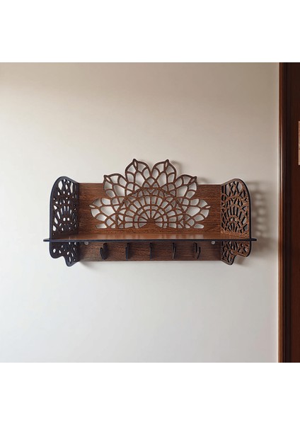 Çiçek Motifli Ceviz Desen Mdf Anahtarlık- Raflı Anahtarlık