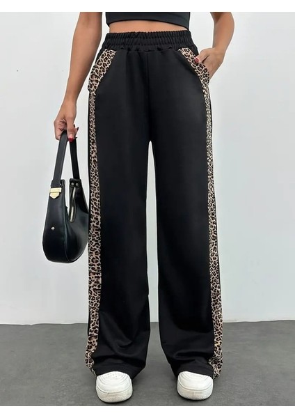 Kadın Yüksek Bel Bağcıklı Yanları Leopar Desenli Viskon Iki Iplik Pantolon modelleri