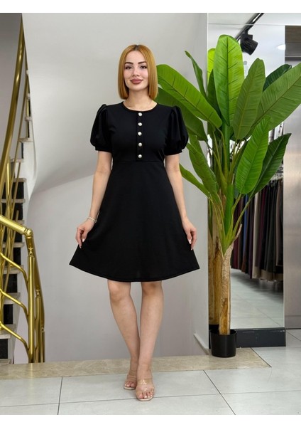 Kadın Kısa Kollu Bisiklet Yaka Önden Düğmeli Ithal Krep Elbise