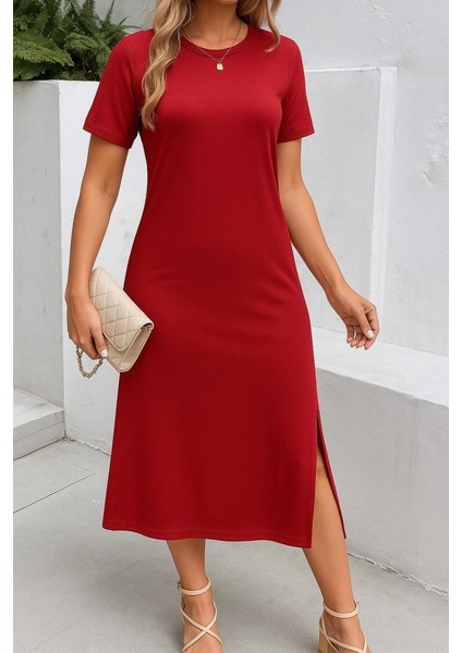 Kadın Kısa Kollu Bisiklet Yaka Yandan Yırtmaçlı Viskon Elbise