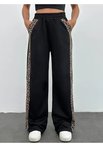 Kadın Yüksek Bel Bağcıklı Yanları Leopar Desenli Viskon Iki Iplik Pantolon indirimleri