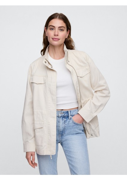 Kadın Krem Kanvas Utility Ceket