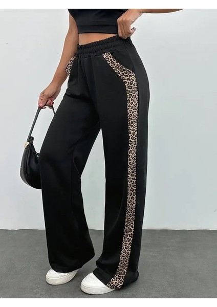 Kadın Yüksek Bel Bağcıklı Yanları Leopar Desenli Viskon Iki Iplik Pantolon