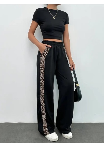 Kadın Yüksek Bel Bağcıklı Yanları Leopar Desenli Viskon Iki Iplik Pantolon fiyatları