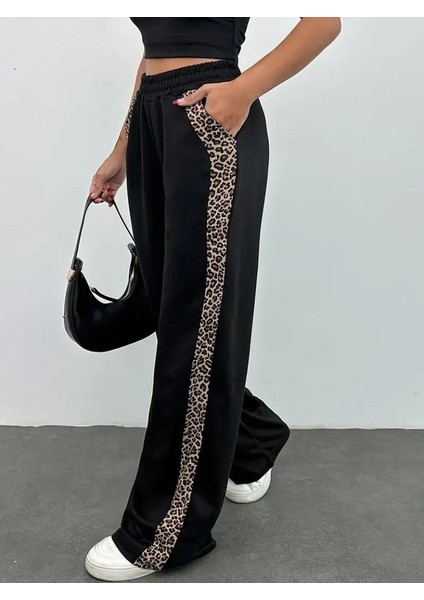 Kadın Yüksek Bel Bağcıklı Yanları Leopar Desenli Viskon Iki Iplik Pantolon fırsatları