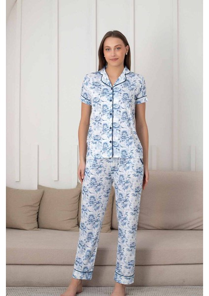 Çiçek Desenli Kadın Pijama Takımı - Boydan Düğmeli Likralı Viskon 2836KY