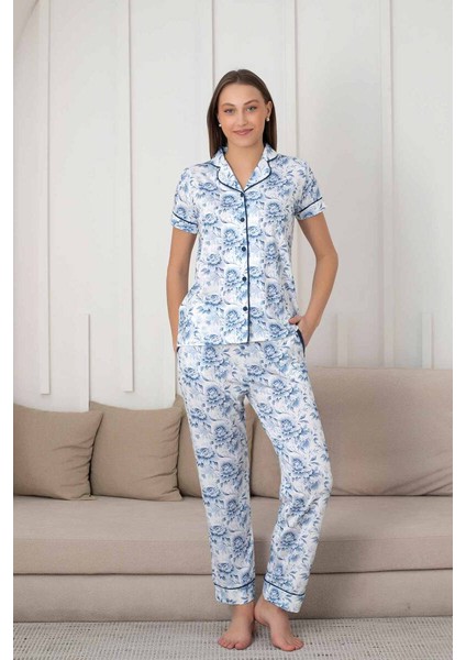 Çiçek Desenli Kadın Pijama Takımı - Boydan Düğmeli Likralı Viskon 2836KY fiyatları