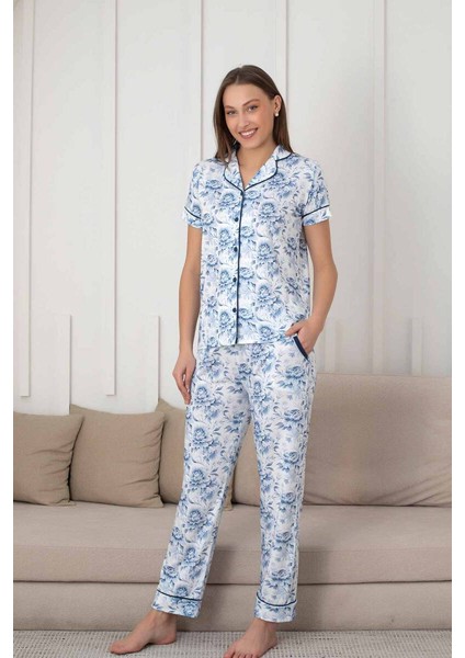 Çiçek Desenli Kadın Pijama Takımı - Boydan Düğmeli Likralı Viskon 2836KY modelleri