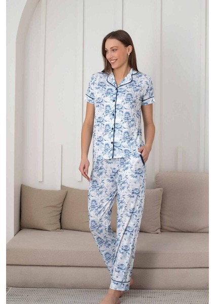 Çiçek Desenli Kadın Pijama Takımı - Boydan Düğmeli Likralı Viskon 2836KY fırsatları