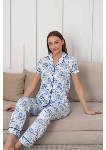 Çiçek Desenli Kadın Pijama Takımı - Boydan Düğmeli Likralı Viskon 2836KY indirimleri