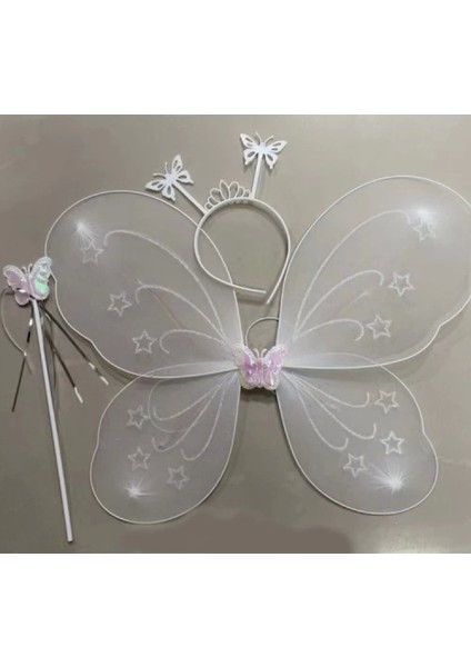 Beyaz Renk Kelebek Kanadı Tacı ve Sopası