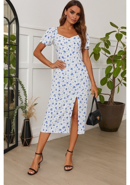 Kadın Kısa Kolluyakası Büzgü Detay Kolu Lastikli Çiçek Baskı Elbise