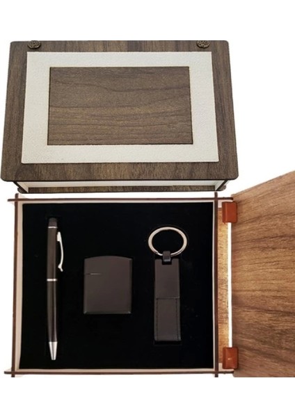 Özel Ahşap Kutulu Mat Siyah Kalem Anahtarlık ve Çakmak Set fiyatları