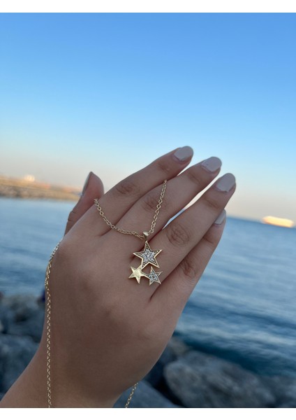 Çelik 3 Yıldızlı Gold Kolye
