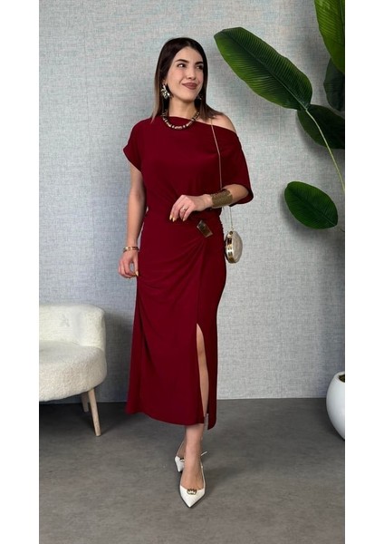 Kadın Kısa Kollu Tek Omuzdan Açık Beli Lastikli Sandy Maxi Elbise