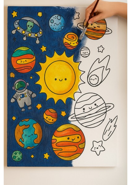 25 x 35 cm Resimli Tuval Çocuk Boyama Seti Gezegenler Renk Akrilik Boya ve 2 Fırça Adet Fırça