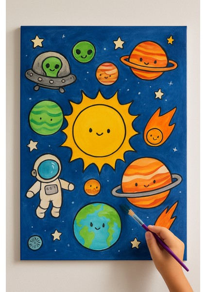 25 x 35 cm Resimli Tuval Çocuk Boyama Seti Gezegenler Renk Akrilik Boya ve 2 Fırça Adet Fırça fiyatları
