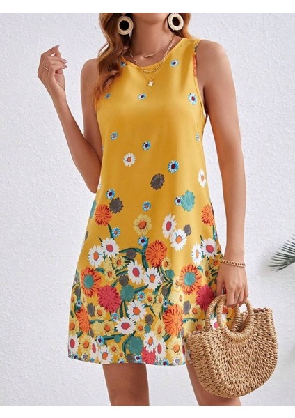 Kadın Sıfır Kollu Bisiklet Yaka Çiçek Desenli Süprem Mini Elbise