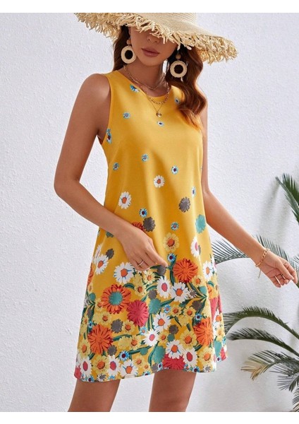 Kadın Sıfır Kollu Bisiklet Yaka Çiçek Desenli Süprem Mini Elbise fiyatları