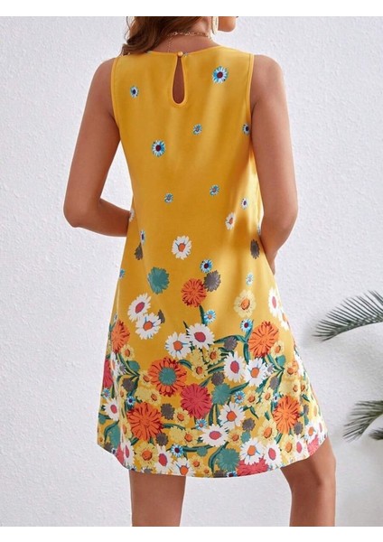 Kadın Sıfır Kollu Bisiklet Yaka Çiçek Desenli Süprem Mini Elbise modelleri