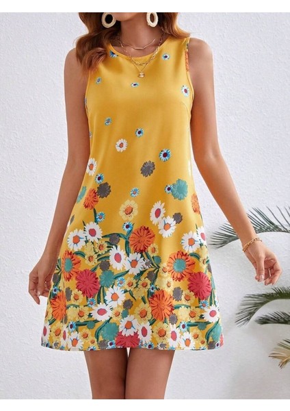 Kadın Sıfır Kollu Bisiklet Yaka Çiçek Desenli Süprem Mini Elbise fırsatları