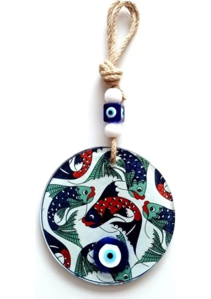 Balık Desenli Nazar Boncuklu Füzyon Cam Duvar Dekoru