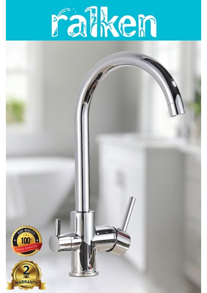 Arıtma, Sıcak, Soğuk Çıkışlı 3 Yollu Krom Lüx Arıtmalı Mutfak Eviye Bataryası Musluğu Baston Boru - %100 Pirinç, Paslanmaz, Ağır Sarı Gövde