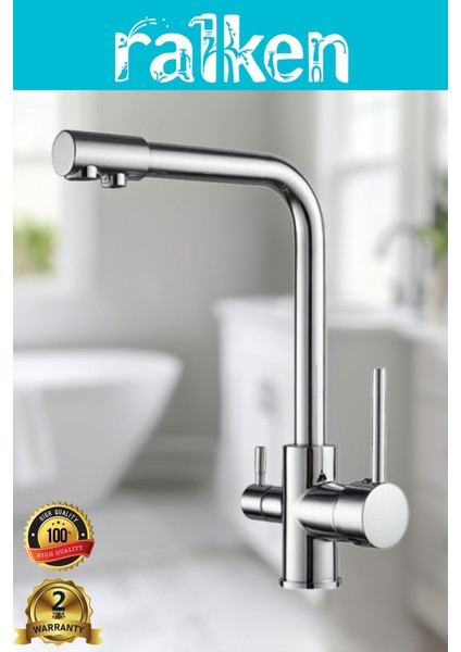 Arıtma, Sıcak, Soğuk Çıkışlı 3 Yollu Krom Lüx Arıtmalı Eviye Mutfak Bataryası Musluğu Köşe Borulu Arıtıcı Musluğu - %100 Pirinç, Paslanmaz, Ağır Sarı Gövde