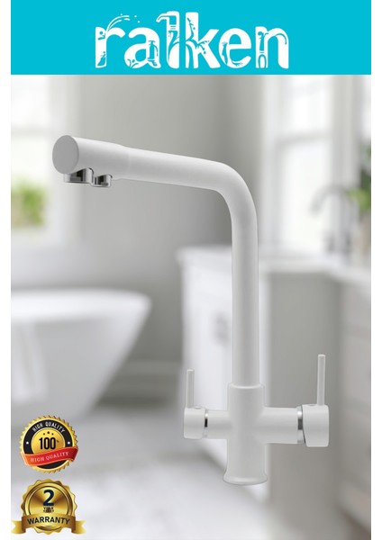 Arıtma, Sıcak, Soğuk Çıkışlı 3 Yollu Beyaz Lüx Arıtmalı Eviye Mutfak Bataryası Musluğu Köşe Borulu Arıtıcı Musluğu - %100 Pirinç, Paslanmaz, Ağır Sarı Gövde