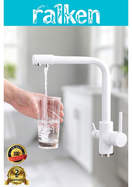 Arıtma, Sıcak, Soğuk Çıkışlı 3 Yollu Beyaz Lüx Arıtmalı Eviye Mutfak Bataryası Musluğu Köşe Borulu Arıtıcı Musluğu - %100 Pirinç, Paslanmaz, Ağır Sarı Gövde indirimleri