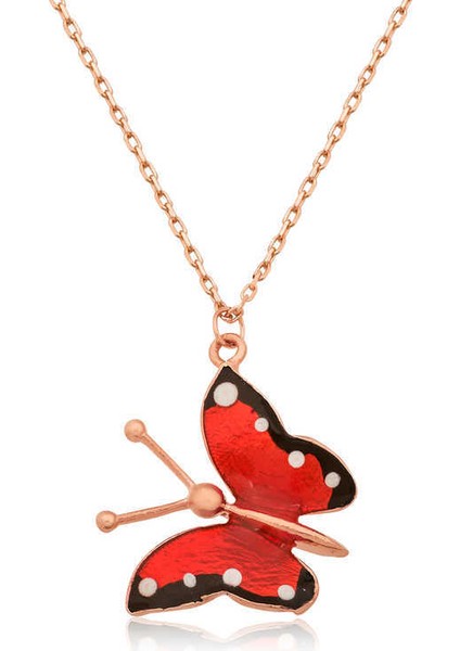 Gümüş Rose Kırmızı Kelebek Kolye