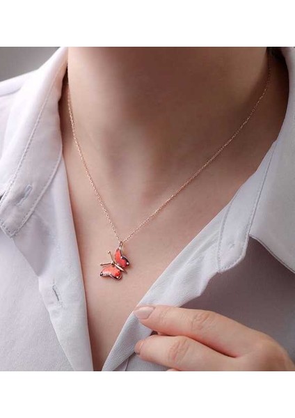 Gümüş Rose Kırmızı Kelebek Kolye modelleri