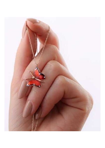 Gümüş Rose Kırmızı Kelebek Kolye fırsatları