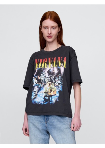 Erkek Siyah Heavyweight Crop Nirvana Grafik T-Shirt