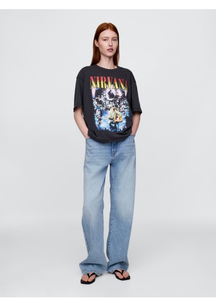 Erkek Siyah Heavyweight Crop Nirvana Grafik T-Shirt
