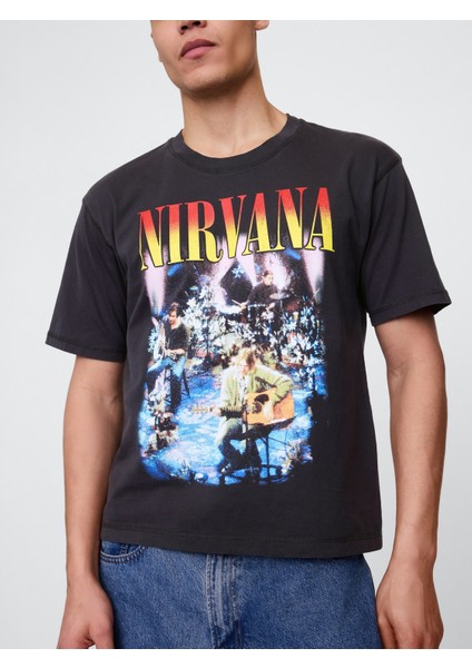 Erkek Siyah Heavyweight Crop Nirvana Grafik T-Shirt