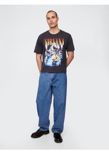 Erkek Siyah Heavyweight Crop Nirvana Grafik T-Shirt