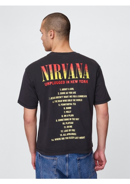 Erkek Siyah Heavyweight Crop Nirvana Grafik T-Shirt