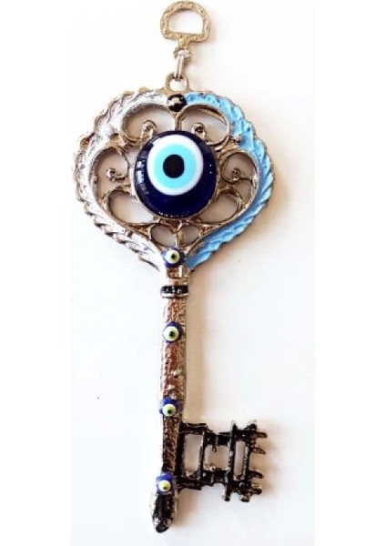 Gümüş Kaplama Nazar Boncuklu Beyaz ve Mavi Nostaljik Anahtar Şekilli Duvar Süsü fiyatları