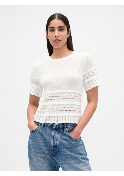 Kadın Beyaz Linen-Blend Pointelle Crop Kazak